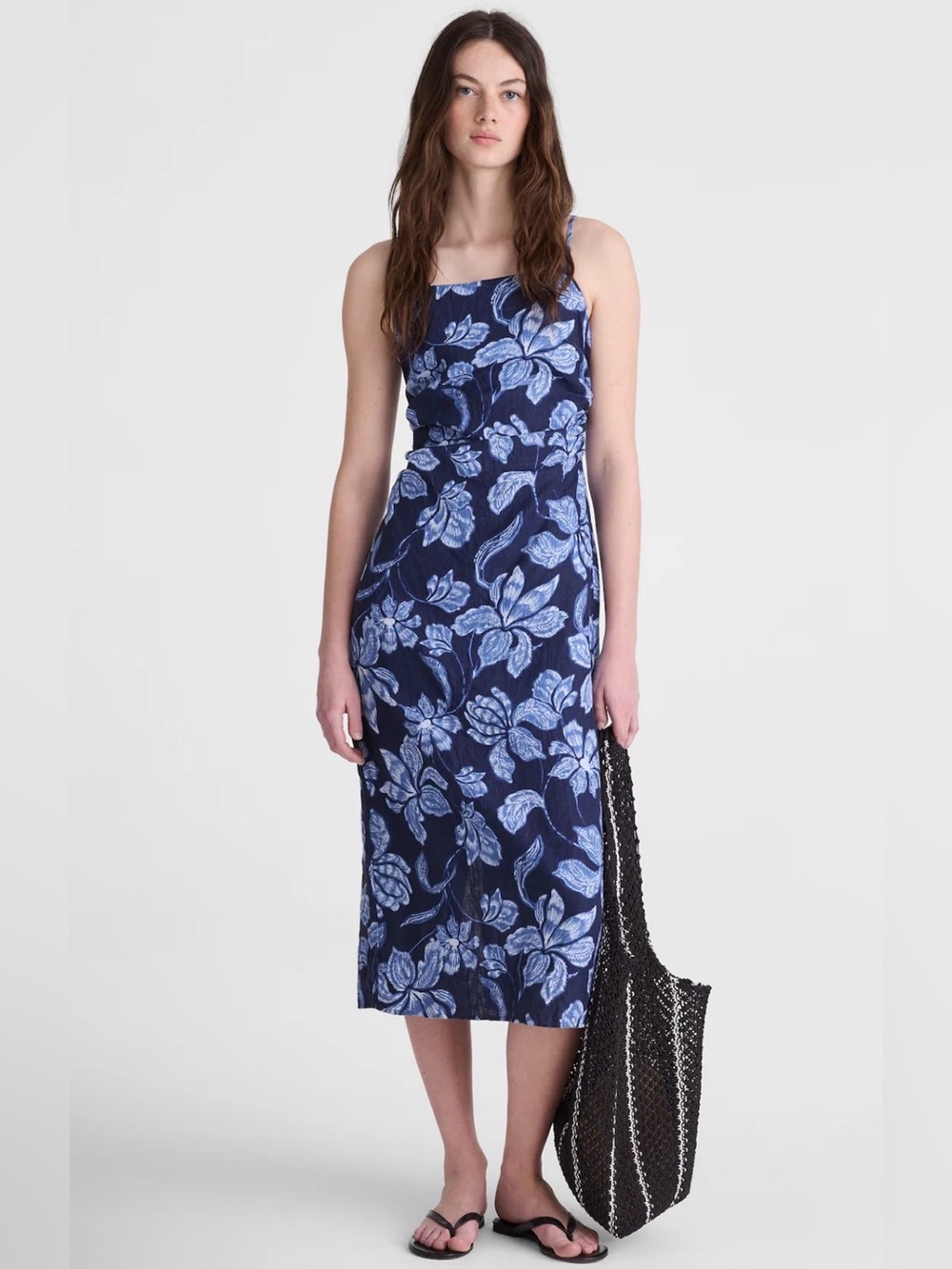 Madewell Ruched Squareneck Sleeveless Midi Dress Linen Floral NWOT Size 2